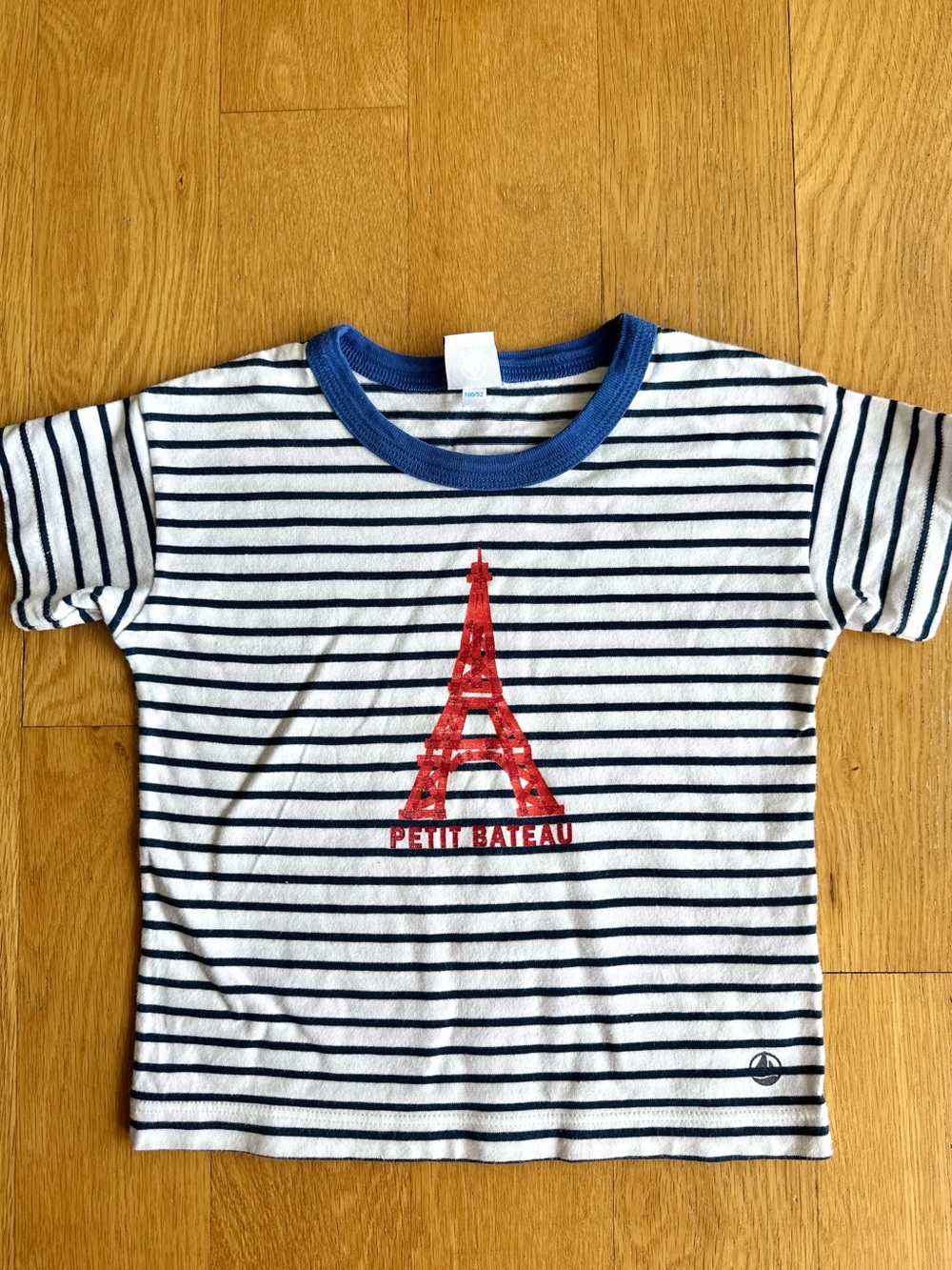 Petit Bateau White & Navy Striped Tee with Red Eiffel Graphic